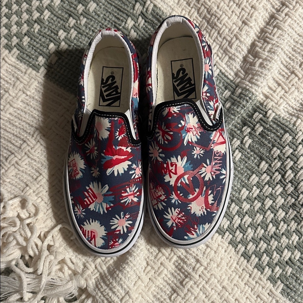 Vans Floral Slip-On Shoes in Red, White, and Blue